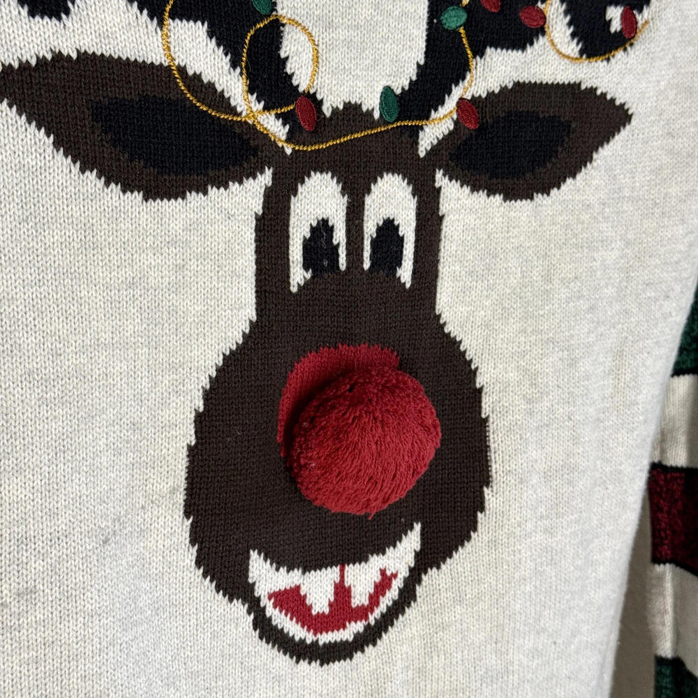 Ugly Christmas Sweater S Rudolph Reindeer 3D Pom Pom Nose - Picture 2 of 3
